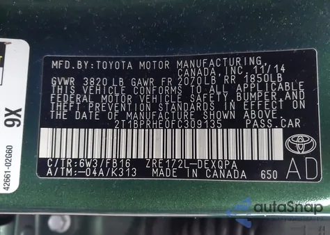 2015 Toyota Corolla Le Eco z USA, uszkodzony, nr VIN 2T1BPRHE0FC309135